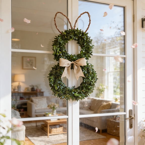 Upgraded Easter Bunny-shaped Wreath Suitable For Front Door Hanging Window Display Or General Easter/spring Decoration Features Green Leaves A Bow And Rabbits Ears S