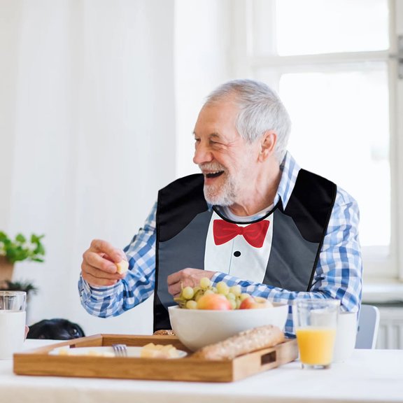 Upgraded Elderly Care Bib for Eating and Drinking Double-Layer Waterproof Bib Unisex Elegant Suit-Style Dining Cloth F