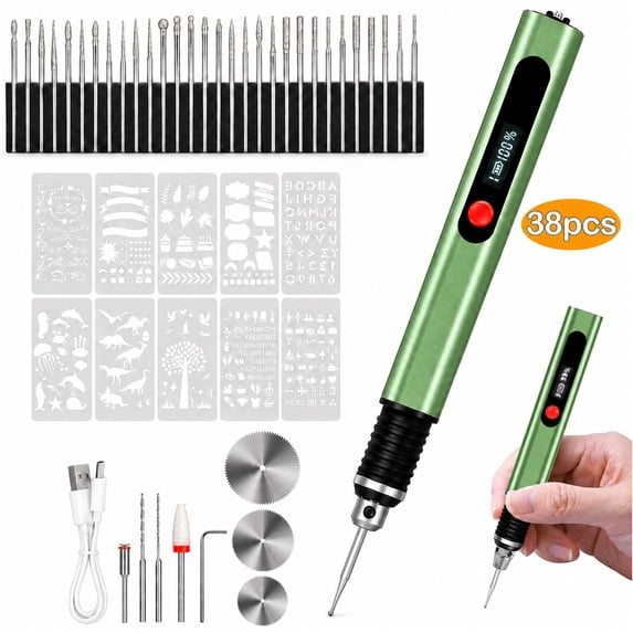 Upgraded Electric Engraving Pen with 38 Bits, Mini Electric DIY Engraver Cordless Rotary Tools Portable Engraving Pen for Metal, Wood, Glass and Plastic, Jewelry (Green)