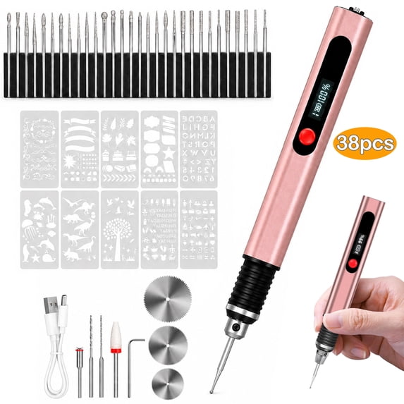 Upgraded Electric Engraving Pen with 38 Bits, Mini Electric DIY Engraver Cordless Rotary Tools Portable Engraving Pen for Metal, Wood, Glass and Plastic, Jewelry (Pink)