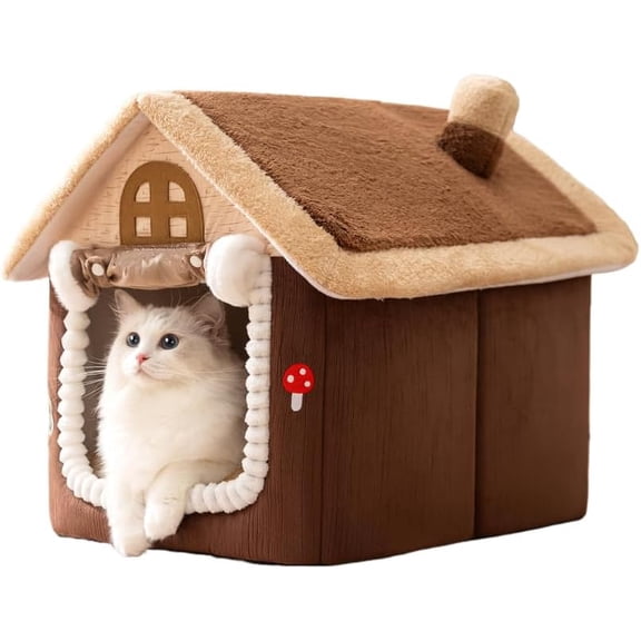 Upgraded Enclosed Warm Cat House for Indoor Cats, Cozy Cat Cave Bed Kitty Tent with Door Curtain, Soft Pet House,Condos,Cats Hideaway for Small Medium Cats&Dogs (Brown, Medium)