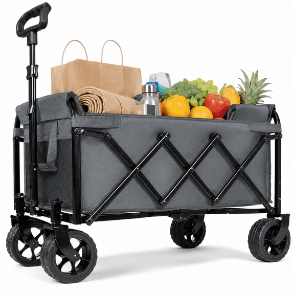 Upgraded Expandable Dual-Layer Utility Wagon with 5" All-Terrain Wide Wheels, Heavy Duty Collapsible Wagon for Camping, Shopping and Gardening, 220lbs Capacity Foldable Garden Cart,