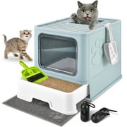 Upgraded Extra Large Cat Litter Box With Scoop, Plastic Standard Enclosed Litter Box, Upgraded Adjustable Door Cat Litter Box With Enlarged Drawer Light Blue