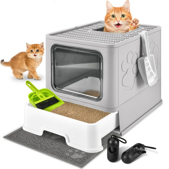 Upgraded Extra Large Cat Litter Box With Scoop, Plastic Standard Enclosed Litter Box, Upgraded Adjustable Door Cat Litter Box With Enlarged Drawer, Light Grey