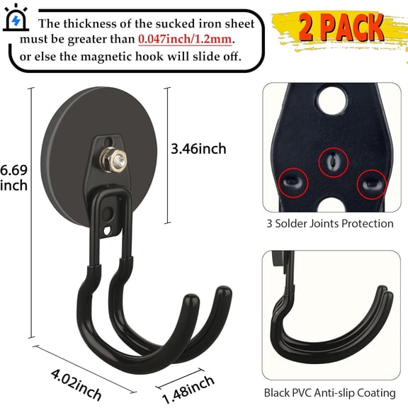 Upgraded Extra Large Magnetic Hooks, 2 Pack Heavy Duty Ultimate for Metal Cabinet Pegboard Garage Shelve Tool Shed RV Shipping Containers Black 3.46inch