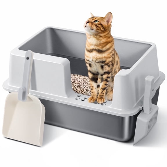 Upgraded Extra Large 12" Height Stainless Steel Cat Litter Box, DOMIPET Metal Litter Pan With Lid, 2x Scoop, High Sided, Leak-Proof & Easy Cleaning