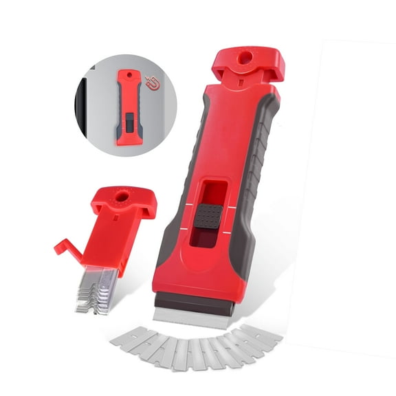 Upgraded Extractable Razor Blade Scraper with 10pcs Blades, Scraper Tool for Cleaning Glass Window, Cooktop, Oven, Stove Scraper, Scraper with Buit-In Blade Storage, Upgraded Lock Mechanism, Gray