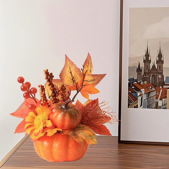 Upgraded Fall Table Centerpiece Ceramic Pumpkin Vase with Artificial Maple Leaves Berries Branch Pumpkin Floral Arrangement Harvest Farmhouse Decor for Thanksgiving Halloween Table Decorations 7.8"