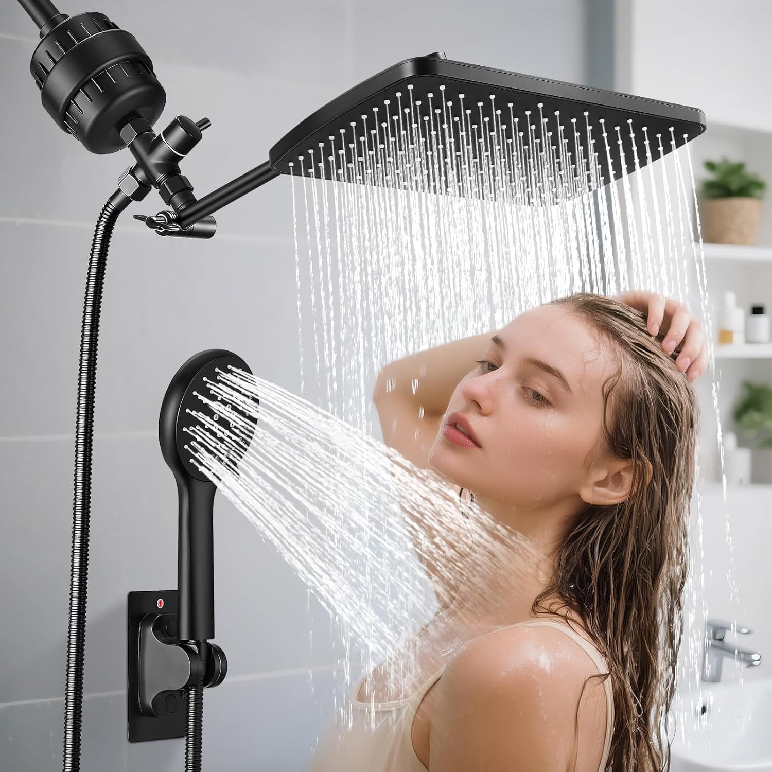 Upgraded Filtered High Pressure Rainfall Showerhead Combo with Arm for Bathroom Accessories, Rain Shower Head Handheld, Detachable Dual Multi Modes Handheld Spray Matte Black