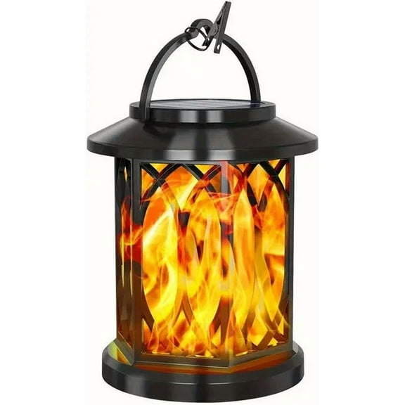 Upgraded Flickering Flame Solar Lantern, Auto On/Off Hanging Waterproof Light for Outdoor Decor, 1 PC LED Fire Lantern for Yard, Patio and Garden