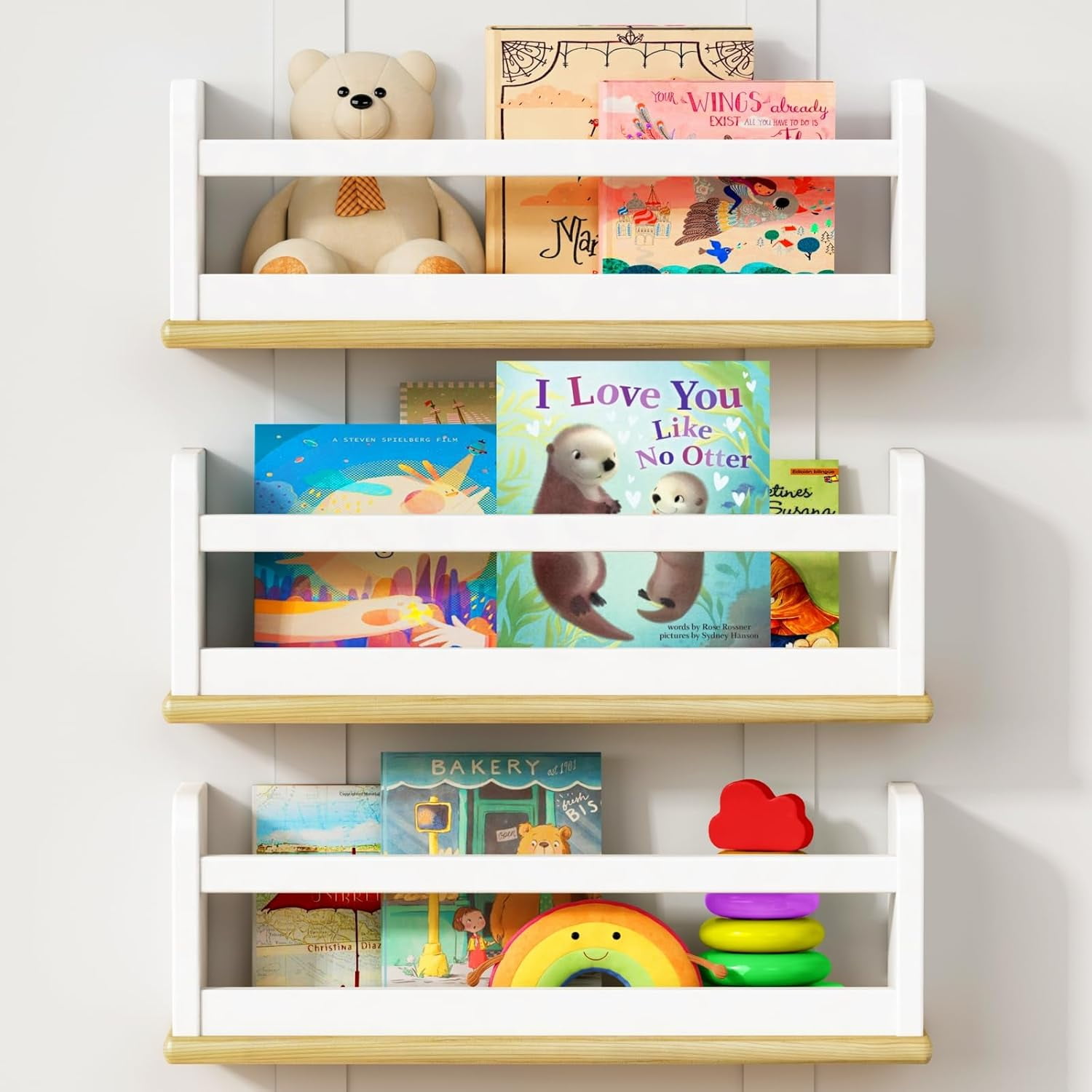 Upgraded Floating Nursery Book Shelves for Wall, White and Natural Kids ...