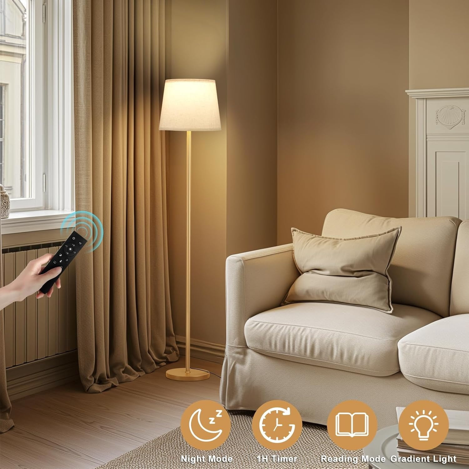 Upgraded Floor Lamps for Living Room, Modern Floor Lamp with Remote Control, Dimmable Colors Temperature Standing Lamp Foot Switch, 9W Bulb Tall Lamps for Bedroom Office Kid Room - Gold