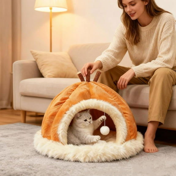 Upgraded Fluffy Calming Plush Cat Dog Bed for Winter | Anti-Anxiety Cuddler with Removable Cushion | 35x35x34cm Cozy Snuggle Pet Bed