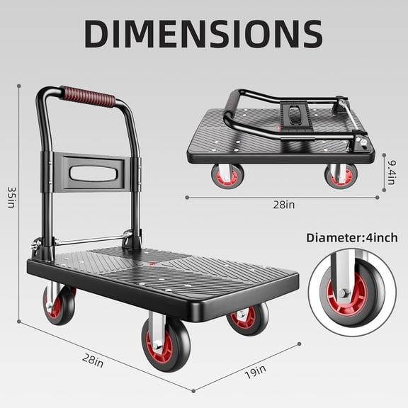 Upgraded Foldable Push Cart Dolly,660 lbs. Capacity Moving Platform Hand Truck,Heavy Duty Space Saving Collapsible,4ββ TPR 360-Degree Silent Wheels,2 Swivel Wheels and 2 Fixed Wheels