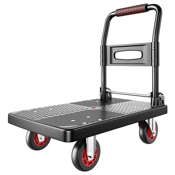 Upgraded Foldable Push Cart Dolly,660 lbs. Capacity Moving Platform Hand Truck,Heavy Duty Space Saving Collapsible,4 TPR 360-Degree Silent Wheels,2 Swivel Wheels and 2 Fixed Wheels(Red Wheel)