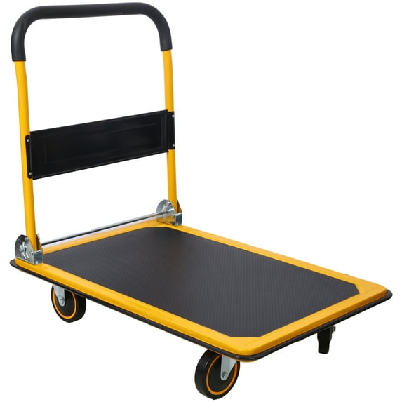 Upgraded Foldable Push Cart Dolly | 660 lbs. Capacity Moving Platform Hand Truck | Heavy Duty Space Saving Collapsible | Swivel Push Handle Flat Bed Wagon - Yellow
