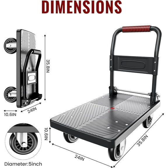 Upgraded Foldable Push Cart Dolly | 880 lbs.Capacity Moving Platform Hand Truck | Foldable for Easy Storage | 5'' PU 360 Degree Swivel Silent Wheel-Black