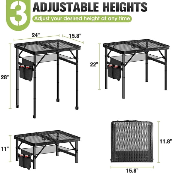 Upgraded Folding Grill Table - Metal Portable Camping Table, 2 Height Adjustable Max 22", Lightweight Foldable for Outside BBQ 24"x15.8"