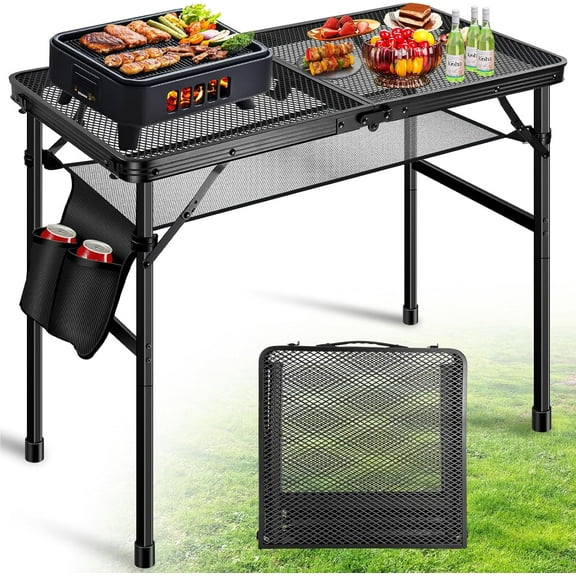 Upgraded Folding Grill Table - Metal Portable Camping Table, Height Adjustable, Lightweight Foldable for Outside BBQ