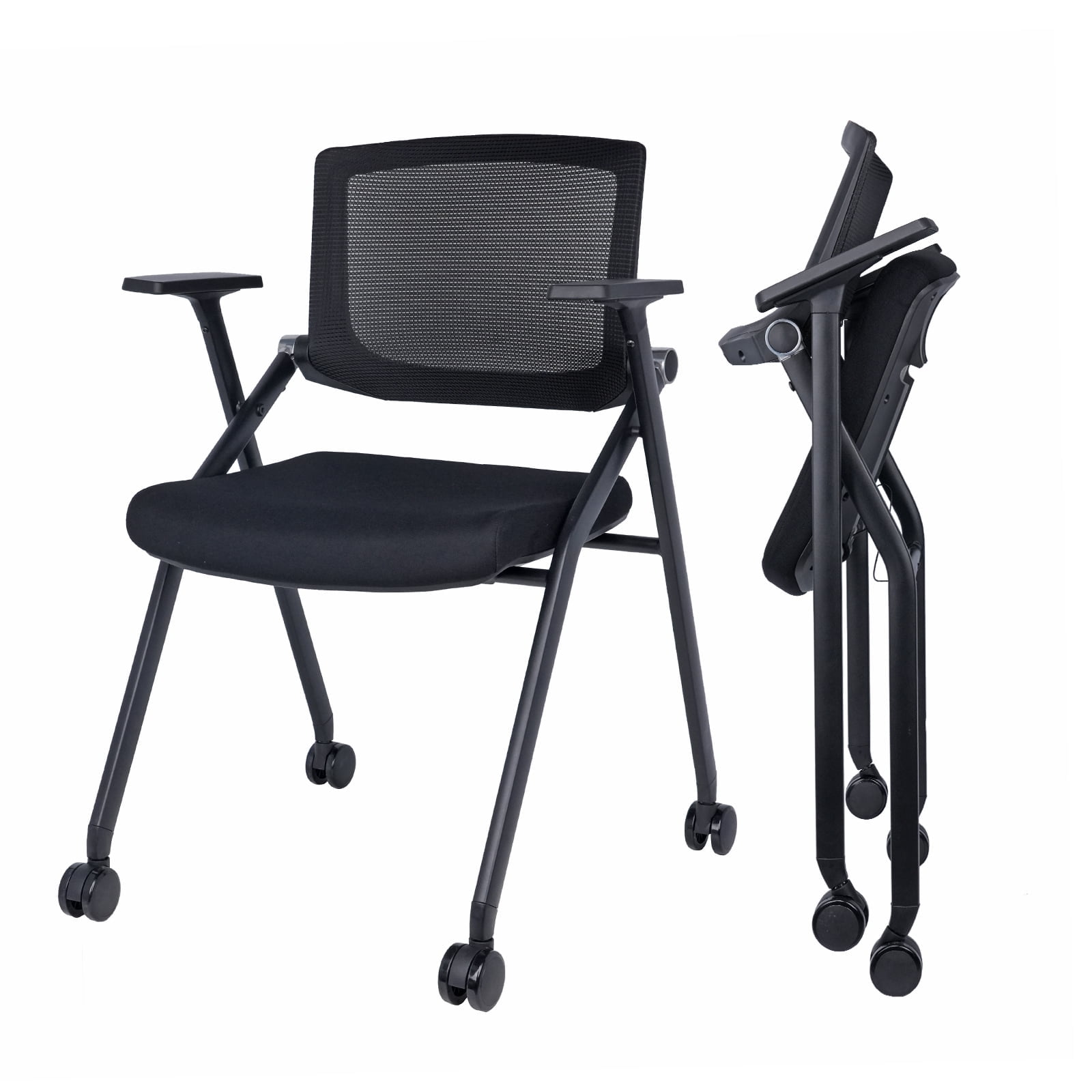 Upgraded Folding Office Chair Stackable Conference Room Chairs with Wheels and Padded Mesh Back Ergonomic for Reception Meeting, 2 Pack Black