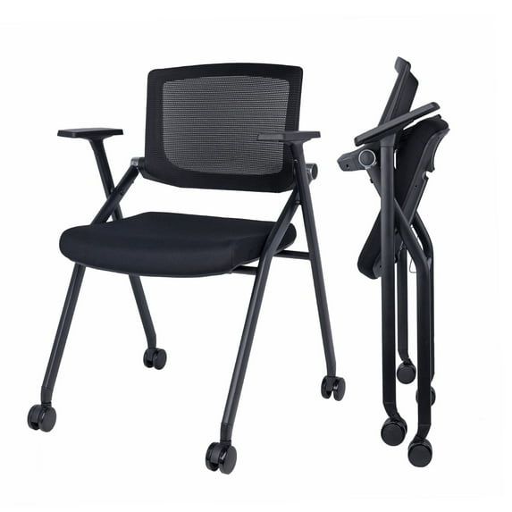 Upgraded Folding Office Chair Stackable Conference Room Chairs with Wheels and Padded Mesh Back Ergonomic for Reception Meeting, 2 Pack Black