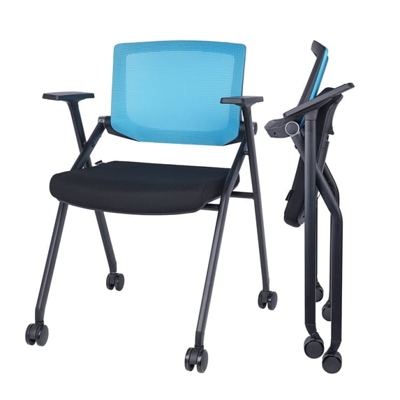 Upgraded Folding Office Chair Stackable Conference Room Chairs with Wheels and Padded Mesh Back Ergonomic for Reception Meeting, 2 Pack Blue