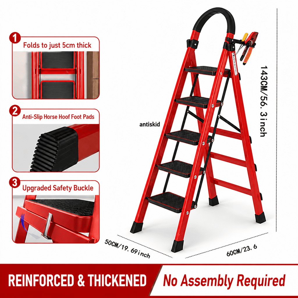 Stell Ladder Upgraded Folding Steel Ladder, 2/3/4/5 Steps Optional, 4-Step Red ...