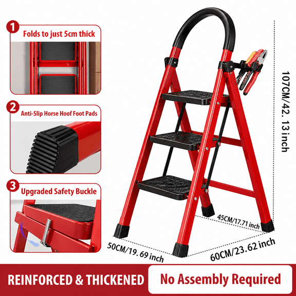 Upgraded Folding Steel Ladder, 2/3/4/5 Steps Optional, 4-Step Red & Black, 330 LBS Heavy-Duty Portable Household Ladder with Wide Anti-Slip Pedals and Built-In Tool Tray