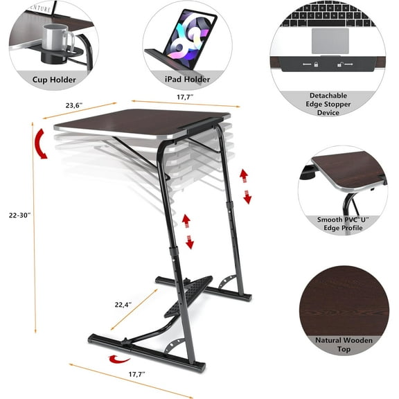 Upgraded Folding TV Tray Table - Extra Large & Sturdy Laptop Table for Couch, Height & Angle Adjustable Desk for Dinner, Work & TV - Includes Footrest, Cup Holder, iPad Holder & Edge Stopper