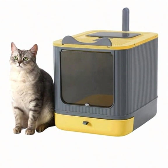 Upgraded Fully Enclosed Cat Litter Box With Lid Covered Cat Box Enclosure AntiSplashing Easy To Clean Kitty Litter Boxes With Drawer 3 Modes Can Use From Kitten To Adult YellowGrey