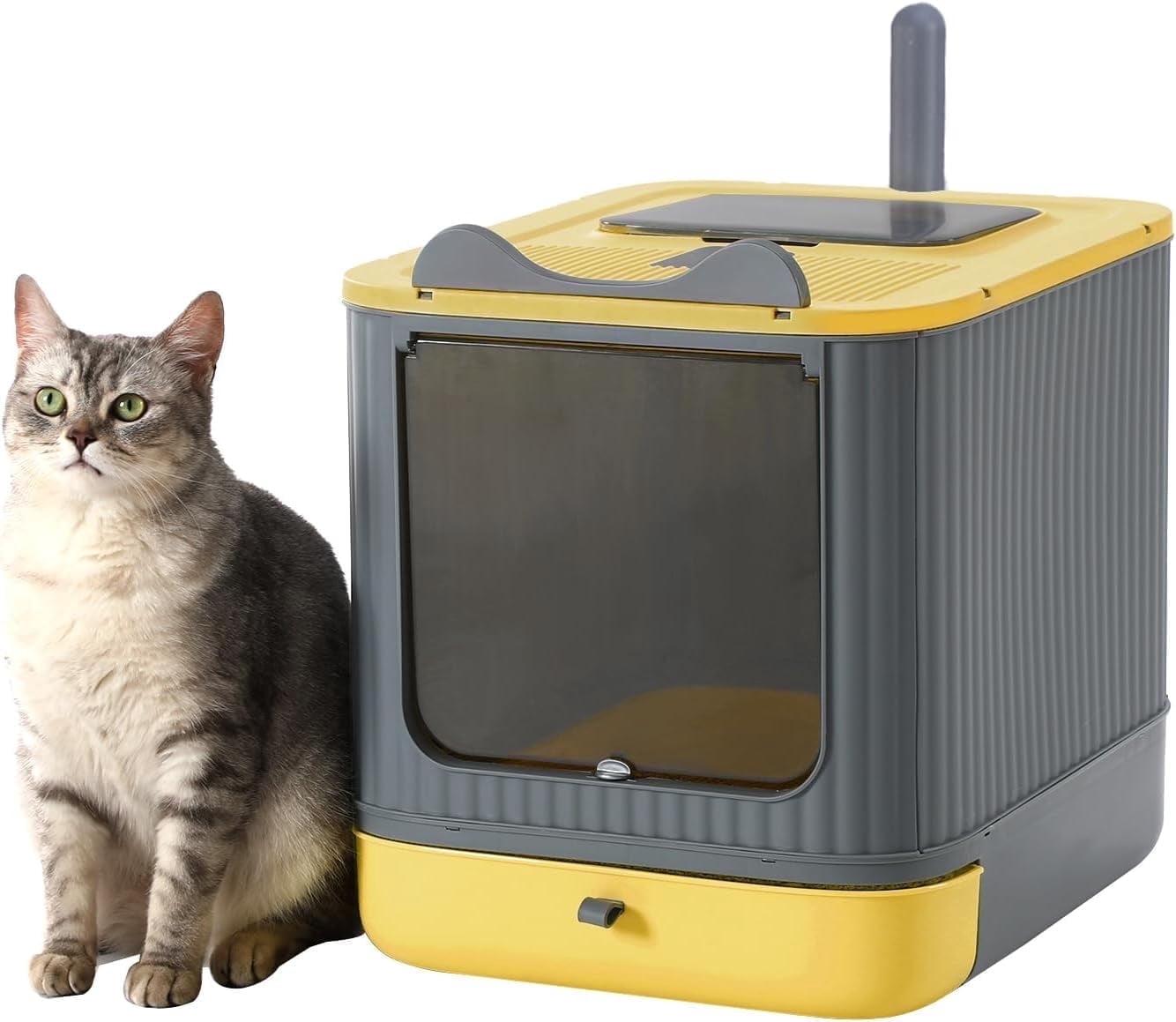 LCZLBRRD Foldable Cat Litter Box for Kitten to Adult Cat, Fully Enclosed with Scoop, Odor Control, Yellow & Grey