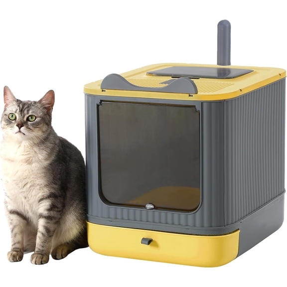 LCZLBRRD Foldable Cat Litter Box for Kitten to Adult Cat, Fully Enclosed with Scoop, Odor Control, Yellow & Grey