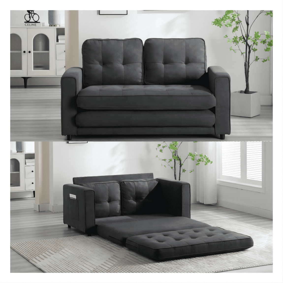 Upgraded Futon Sofa Bed, Thick Velvet Convertible Floor Couch Loveseat