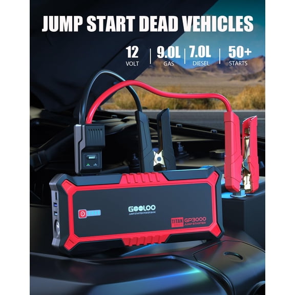 Upgraded GP3000 Jump Starter 3000A Peak Car Starter (Up to 9L Gas or 7L Diesel Engine) 12V Jump Box Auto Lithium Battery Booster SuperSafe Portable Power Pack with USB Quick Charge, Type-C Port