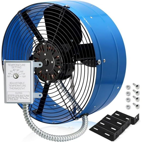 Upgraded Gable Vent Fan, 15 Inch Attic Exhaust Fan with Adjustable Thermostat, 14 Inch Fan Blade and Permanently Lubricated Motor, 1600CFM High-Speed, 2400 SQF, 1050RPM Gable Mount Fan, Blue
