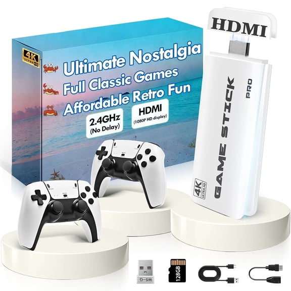 Upgraded Gaming Console with 40,000+ Games, 4K HDMI Plug n Play, Dual 2.4G Wireless Controllers , Supports Game Save and Load, Gift for Family and Kids 128GB