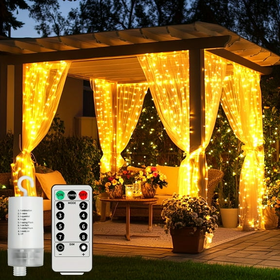 Upgraded Gazebo Curtain Lights 330 LED Battery Operated 10Ft x10Ft IP65 Waterproof, 8 Modes Remote Control Waterfall Fairy Lights for Bedroom Porch Outdoor Decor