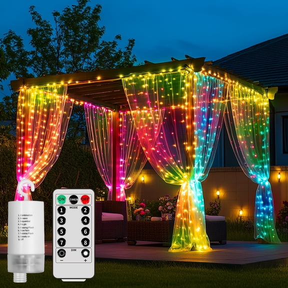 Upgraded Gazebo Curtain Lights 330 LED Battery Operated 10Ft x10Ft IP65 Waterproof, 8 Modes Remote Control Waterfall Fairy Lights for Bedroom Porch Outdoor Decor