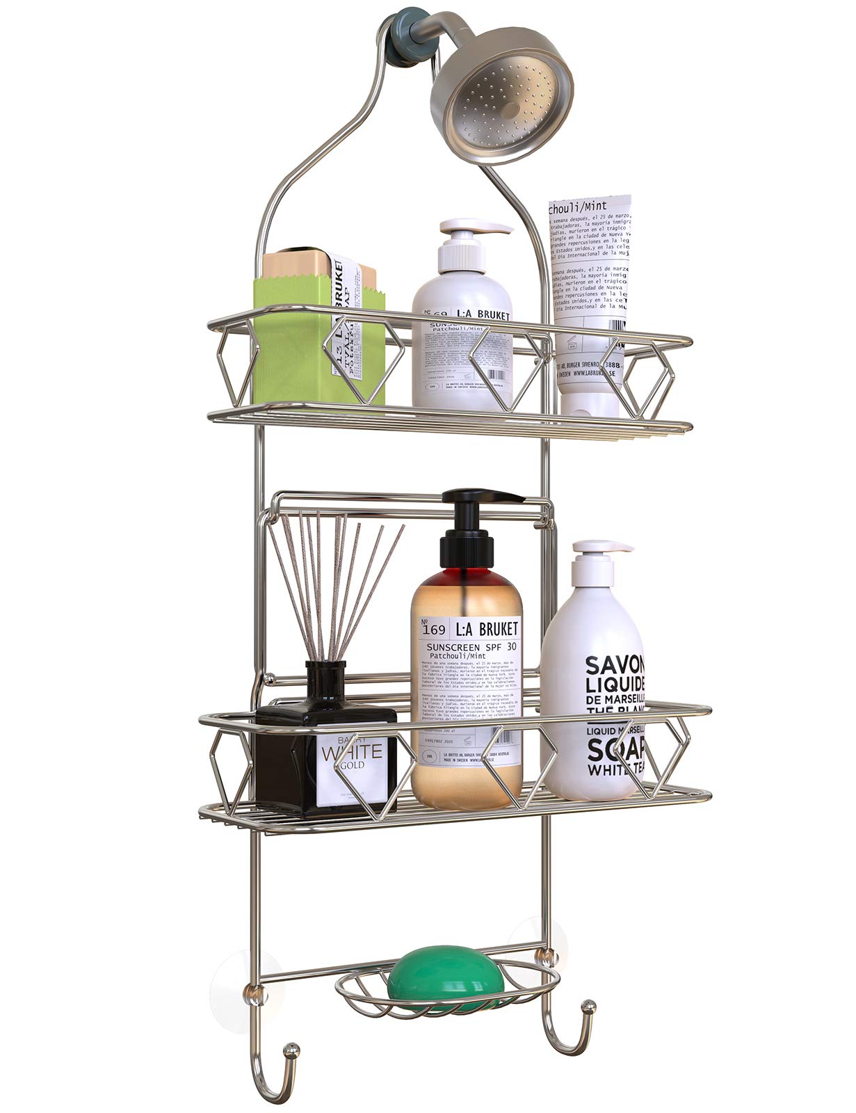 Better Homes & Gardens Rust Proof Aluminum Shower Caddy with Bamboo Shelves, Satin Chrome