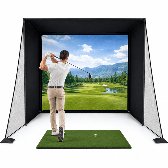 RXFSP Golf Simulator Enclosure Kit w/ HD Impact Screen - Tool-Free Setup, Side Nets for Home Indoor Golf