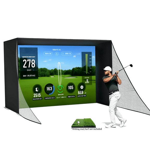 Golf Simulator Enclosure with Upgraded Impact Screen, 10x8ft Projection Screen, Aluminum Frame & Shank Nets for Indoor Golf Training w/ Real Balls