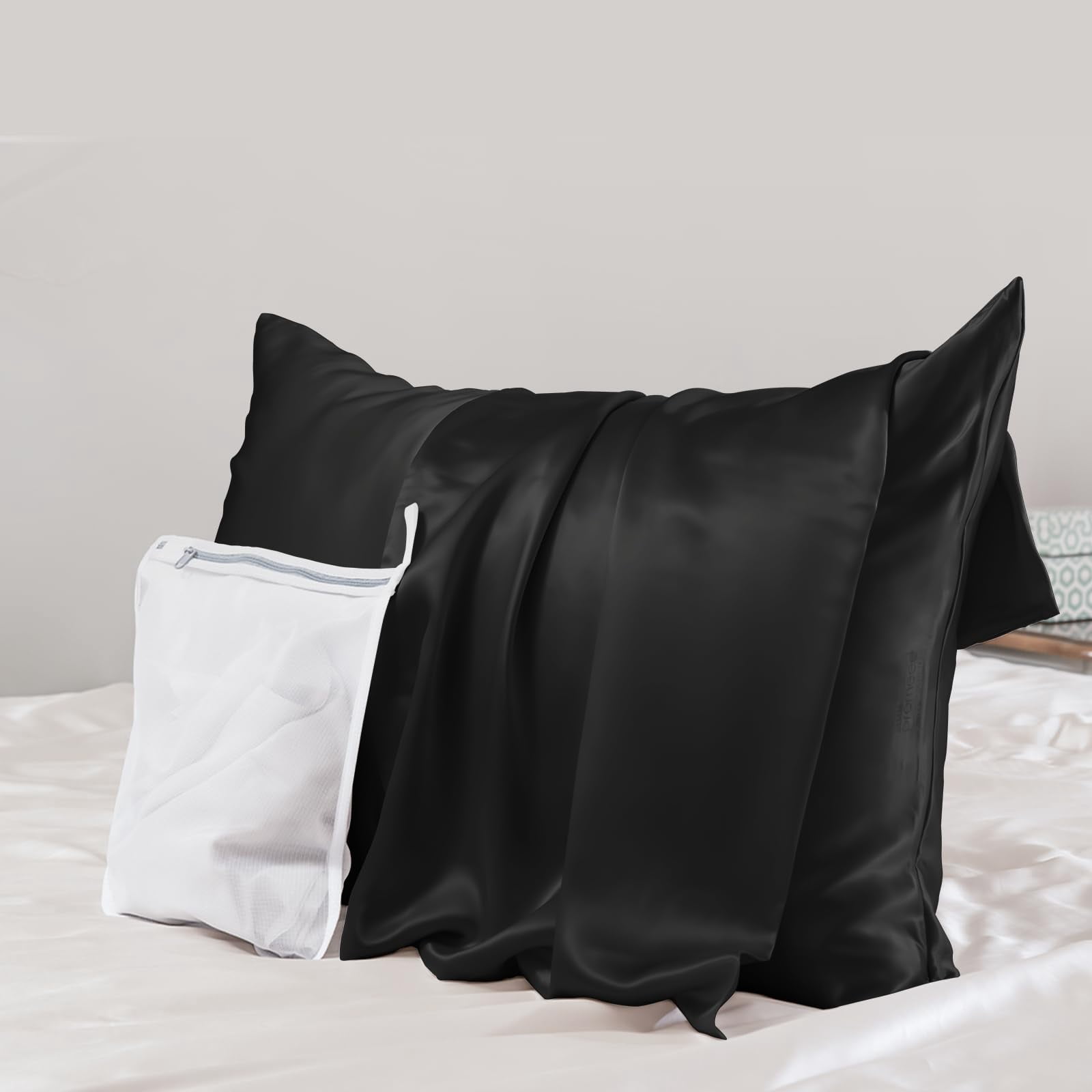 Upgraded Grade 6a+ Black Silk Pillowcase With Zipper  23 Momme Mulberry Pillow Cases For Hair And Skin - Easy Care Free Laundry Bag (standard 20"x26" Black)