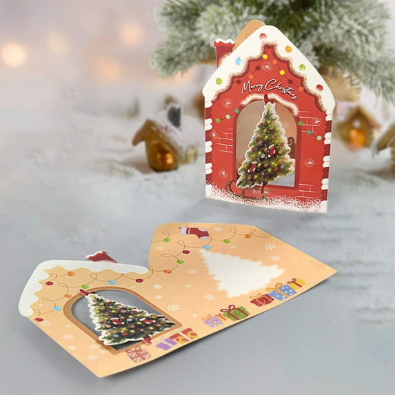 Upgraded HEROOY 10 PCS Christmas House Shaped Three-dimensional Rotating Greeting Cards Christmas Color Cards J