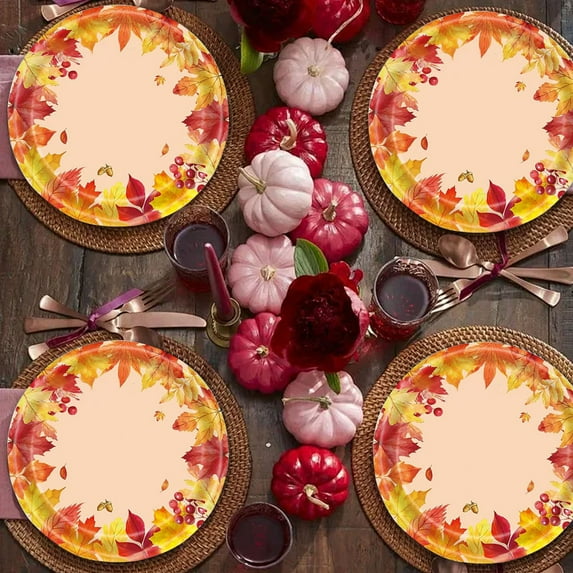 Upgraded HEROOY Plastic Tablecloth Thanksgiving Themed Tableware With Maple Leaf Patterns Suitable For Party Decoration And Catering 24pc R