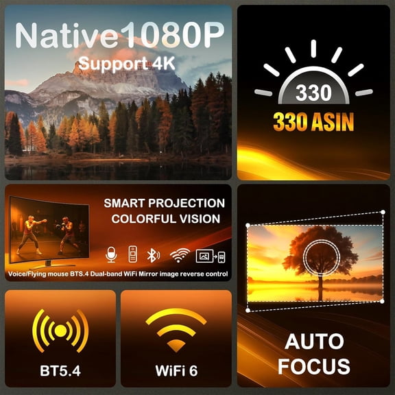 Upgraded HY260 Pro Mini Projector with WiFi and Bluetooth 5.4, Auto Focus/,Native 1080P Support for 4K,Air Mouse Remote,Android 11,Built in Apps,35"-150" Screen Video Projector