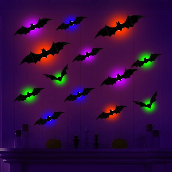 Upgraded Halloween LED Light Up Bats Stickers with Strong Adhesive Tape, Glow in The Dark Flying Bats Decor for Indoor Outdoor Wall Ceiling Decoration