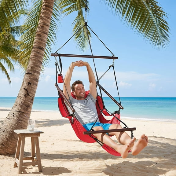 Upgraded  Hammock Hanging Sky Chair, Air Deluxe Swing Seat with Rope (Red)