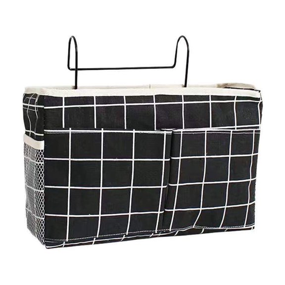 Upgraded Hanging Storage Bag, Wall-Mounted Bedside Organizer Pouch, Multi-Pocket Dorm Room Fabric Storage for Books Tablets and Essentials, Large Opening Design- Black Checkered Pattern Upgrade