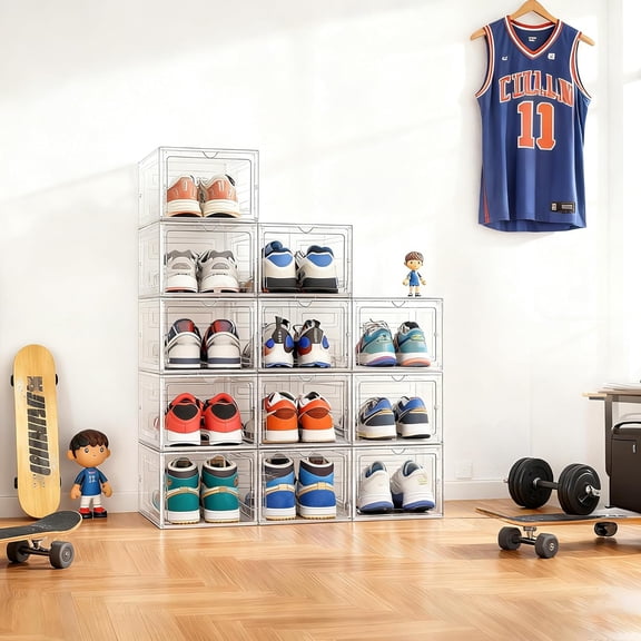 Upgraded Hard Shoe Storage Box 12 Pack X-Large Fit Size 12, Thicken & Sturdy Clear Plastic Stackable Shoe Organizer Box Closet, Sneaker Storage Display Case Holder Bins with Magnetic Door