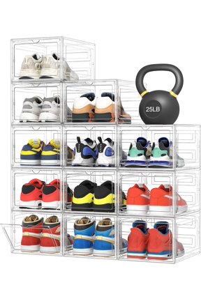 Upgraded Hard Shoe Storage Box 12 Pack X-Large Fit Size 12, Thicken & Sturdy Clear Plastic Stackable Shoe Organizer Box Closet, Sneaker Storage Display Case Holder Bins with Magnetic Door